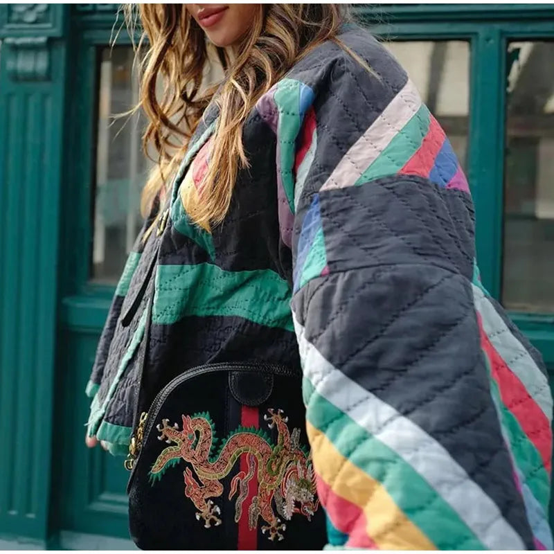 Padded kimono jacket with rainbow stripes