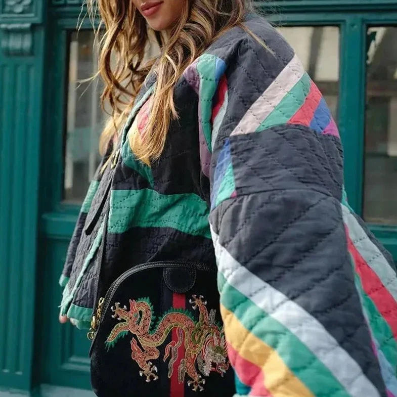 Quilted kimono jacket with rainbow stripes