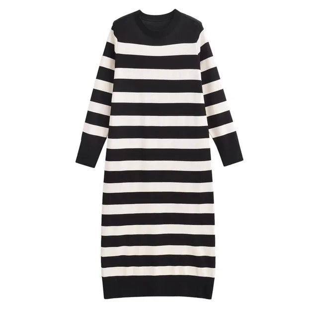 WW | Striped long knit dress with round neck