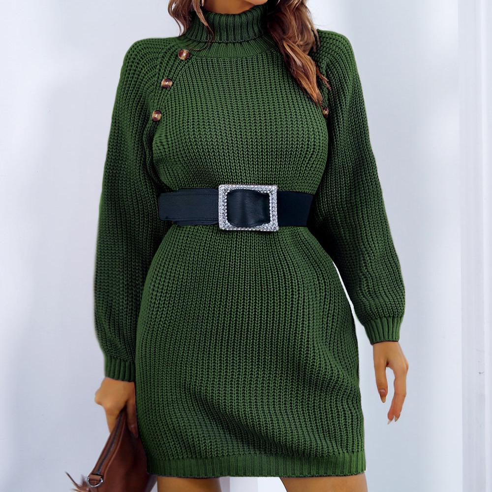 WW | Long-sleeved turtleneck knit dress with buttons