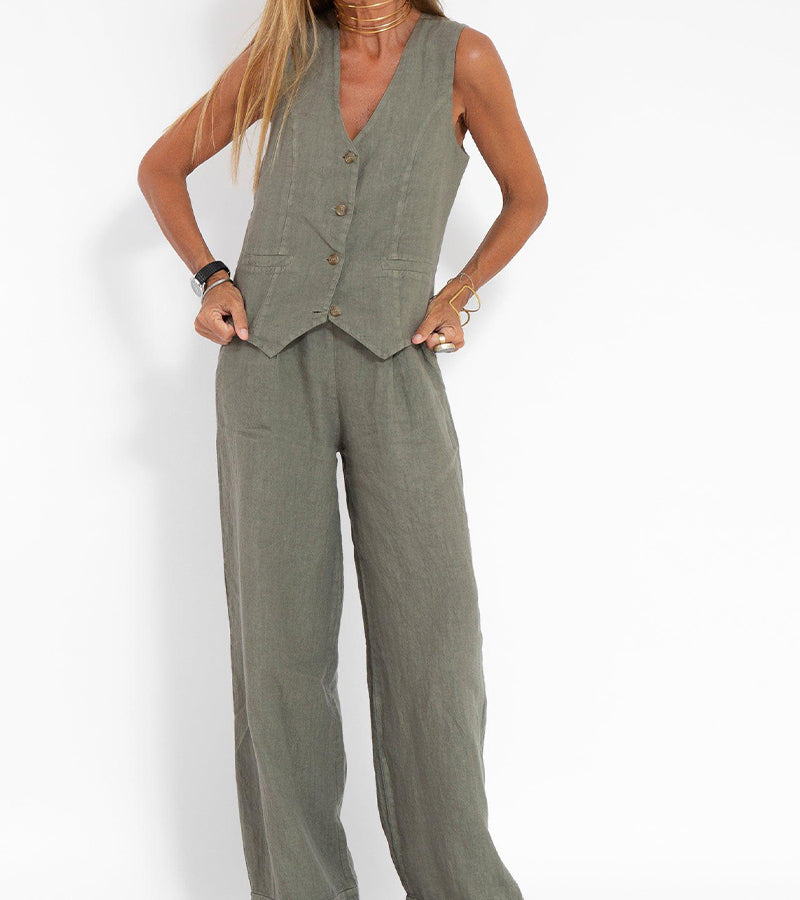 Elevate Your Style with the Aira Buttoned Vest and Wide-Leg Trousers Ensemble