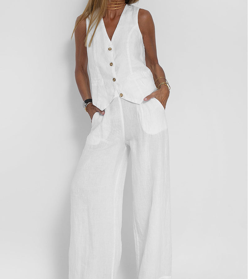 Elevate Your Style with the Aira Buttoned Vest and Wide-Leg Trousers Ensemble