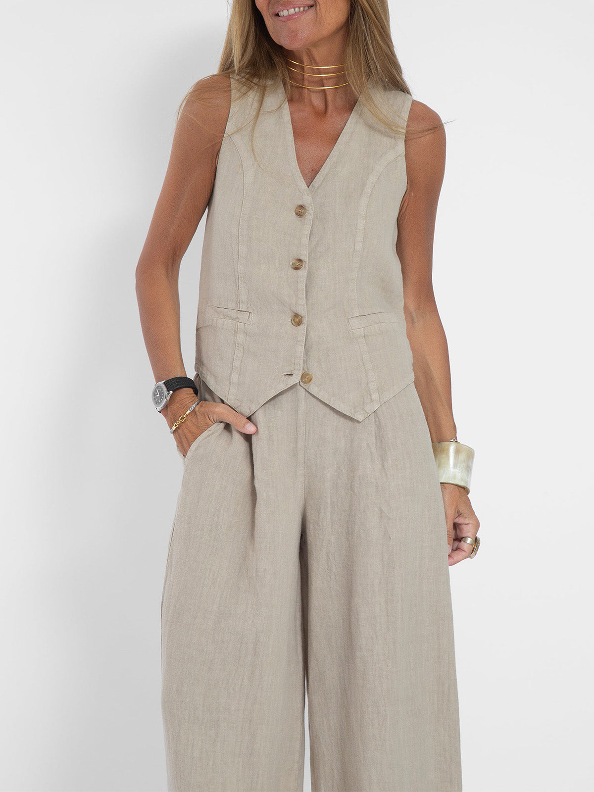 Elevate Your Style with the Aira Buttoned Vest and Wide-Leg Trousers Ensemble