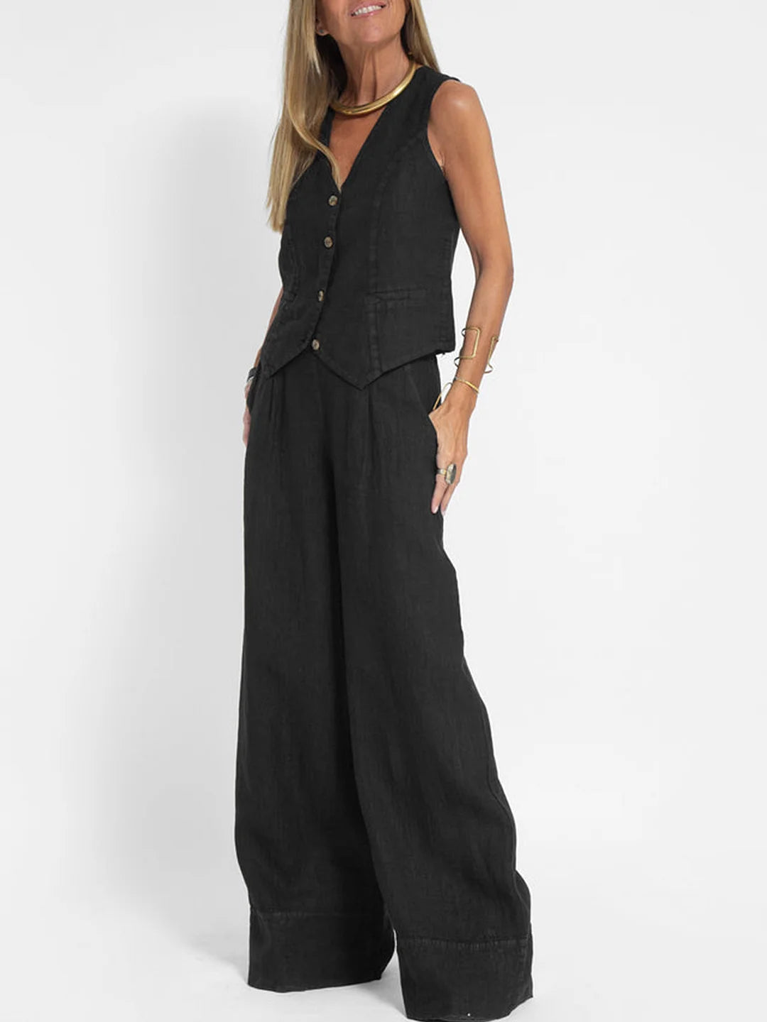 Elevate Your Style with the Aira Buttoned Vest and Wide-Leg Trousers Ensemble