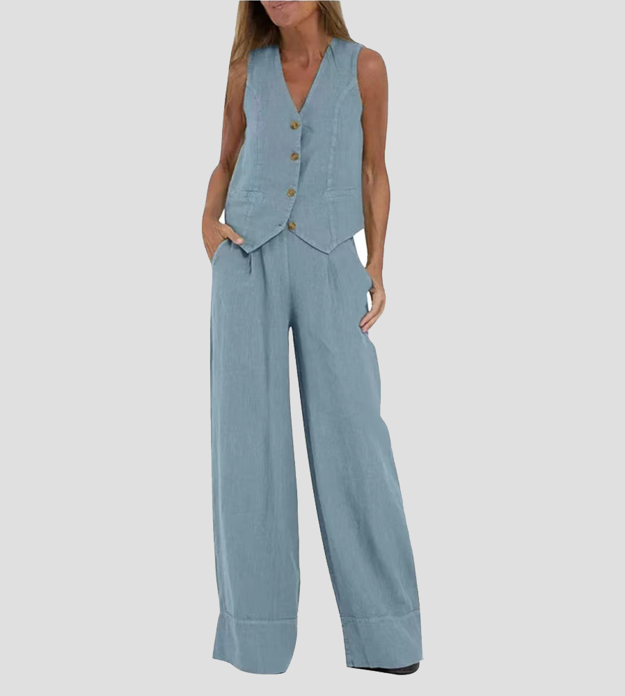 Elevate Your Style with the Aira Buttoned Vest and Wide-Leg Trousers Ensemble