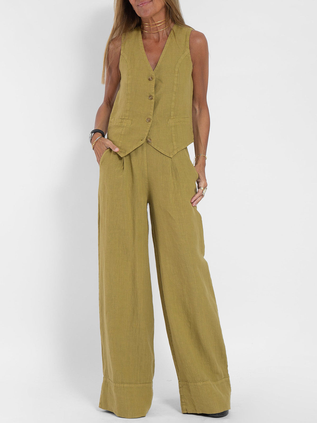Elevate Your Style with the Aira Buttoned Vest and Wide-Leg Trousers Ensemble