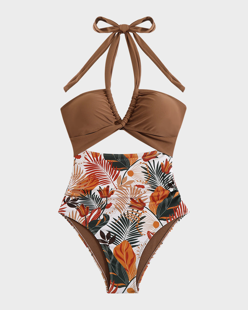 Halter Neck Cut-Out Ruched One Piece Swimsuit