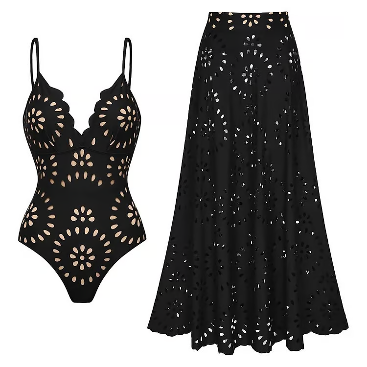 Keri - Laser Cutting Flower Hollow Flared Skirt Swimsuit Set