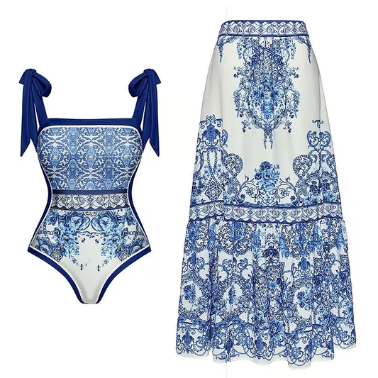 Bea - Blue And White Porcelain One Piece Swimsuit Set