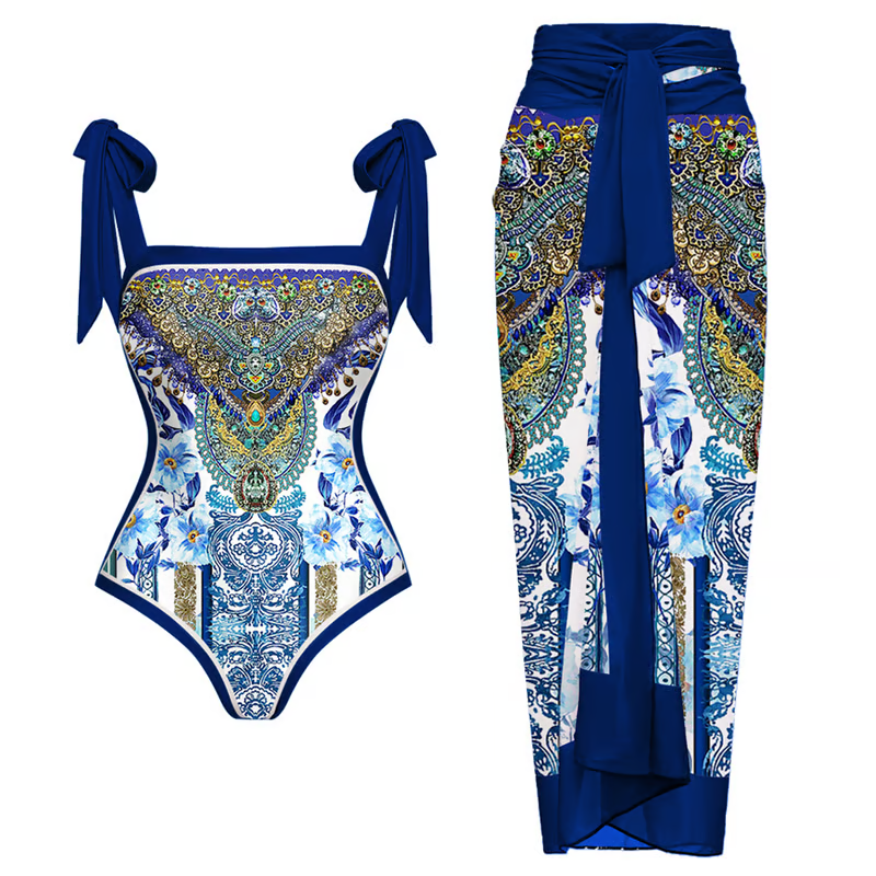 Rina - Reversible Tie-shoulder One Piece Swimsuit Set