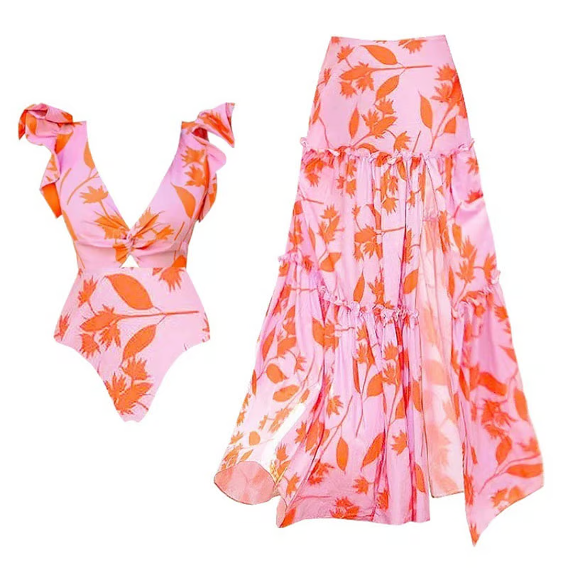 Vina - V-Neck With Ruffled Edges Swimsuit Set