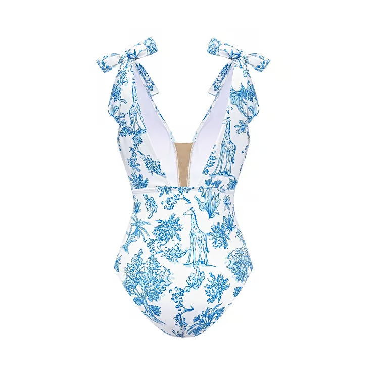 Tina - Bandage Bowknot Design Print One Piece Swimsuit Set