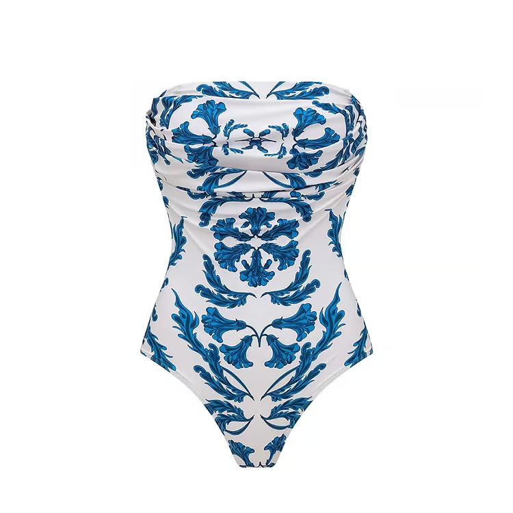 Imane - Strapless Style Frilled Printed One Piece Swimsuit Set