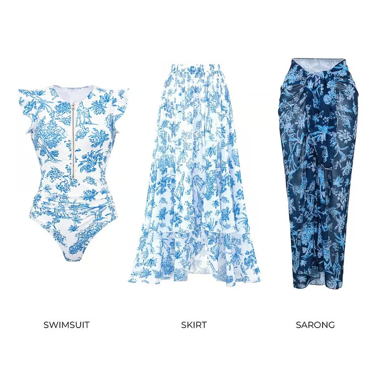 Ash - Ruffle Zip Front Print One Piece Swimsuit Set