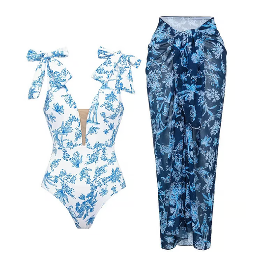 Ada - Bandage Bowknot Design Print One Piece Swimsuit Set
