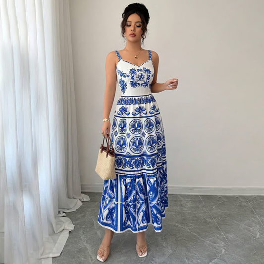 Wendy - Blue Print Sling Maxi Dress