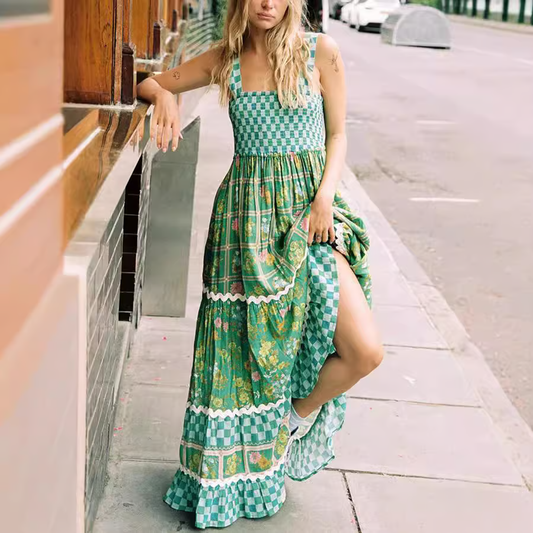 Pola - Green floral print vacation Maxi Dress