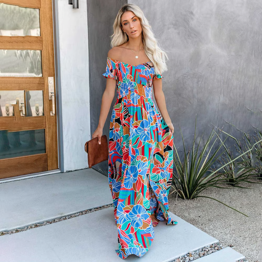 Lovi - Plant Print Ruched Maxi Dress