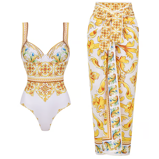 Vanessa - Sling Chest Support Golden Majolica Print One Piece Swimsuit Set