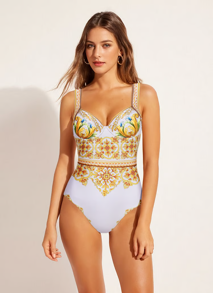Pepper - Sling Chest Support Golden Majolica Print One Piece Swimsuit Set