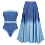 Mikah - Off Shoulder Denim Pattern Print One Piece Swimsuit Set