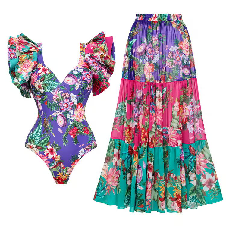 Jamie - Ruffled Floral Print Underwired One Piece Swimsuit Set