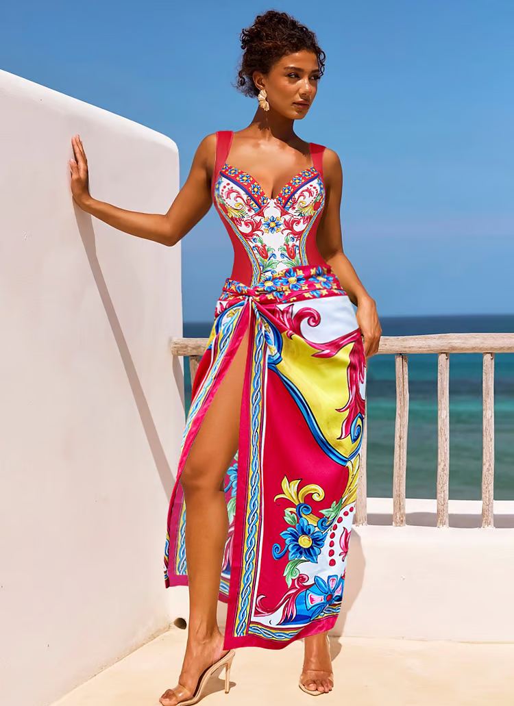 Maia - Sling Pattern Print One piece Swimsuit Set