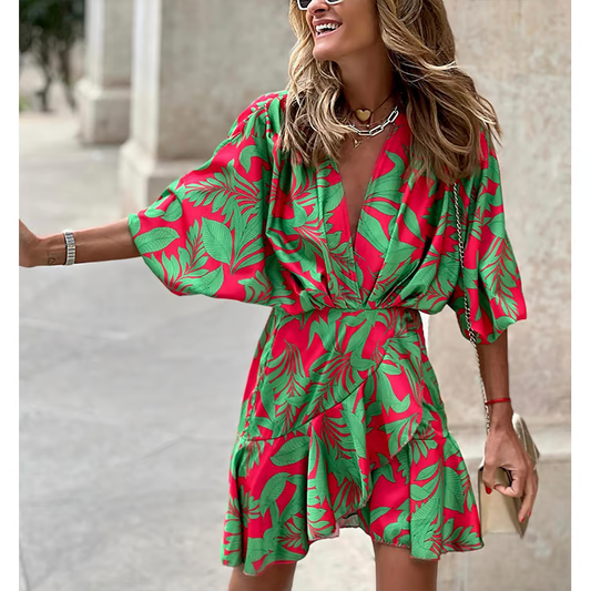 July - V Neck Ruffle Printed Mini Dress