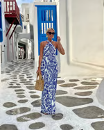 Dyann - Halter Retro Printed Backless Maxi Dress