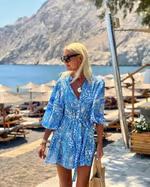 Sab - V Neck Lace Up Prined Puff Sleeve Dress