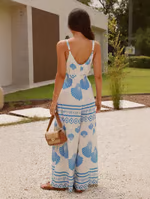Gigi - Blue V-neck shell-printed halter jumpsuit