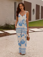 Gigi - Blue V-neck shell-printed halter jumpsuit