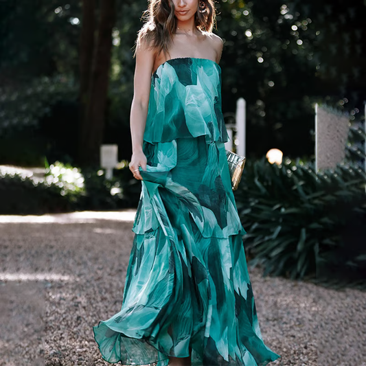 Chelsea - Off Shoulder Bandeau Printed Tiered Maxi Dress