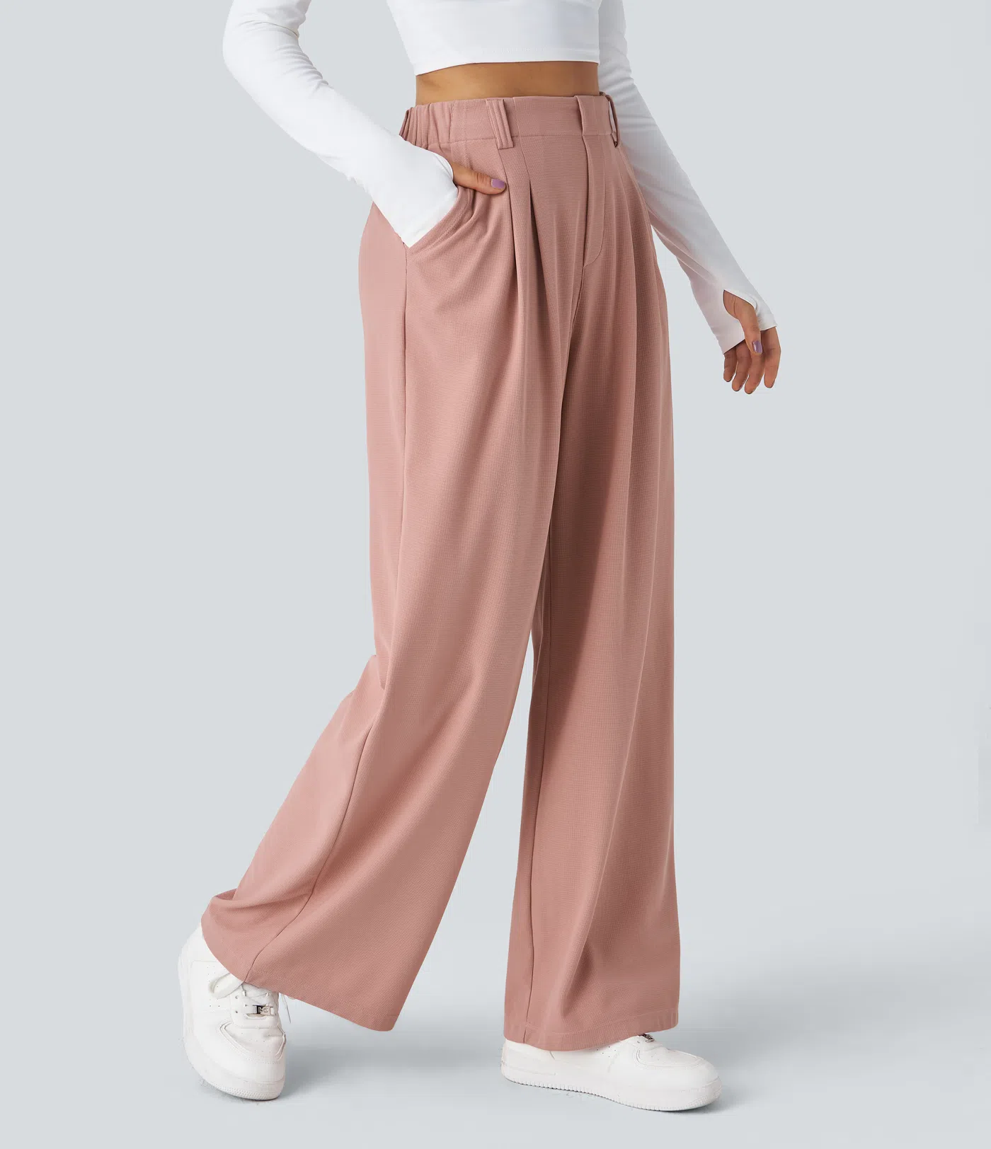 Rosie - High Waisted Side Pocket Wide Leg Waffle Work Pants