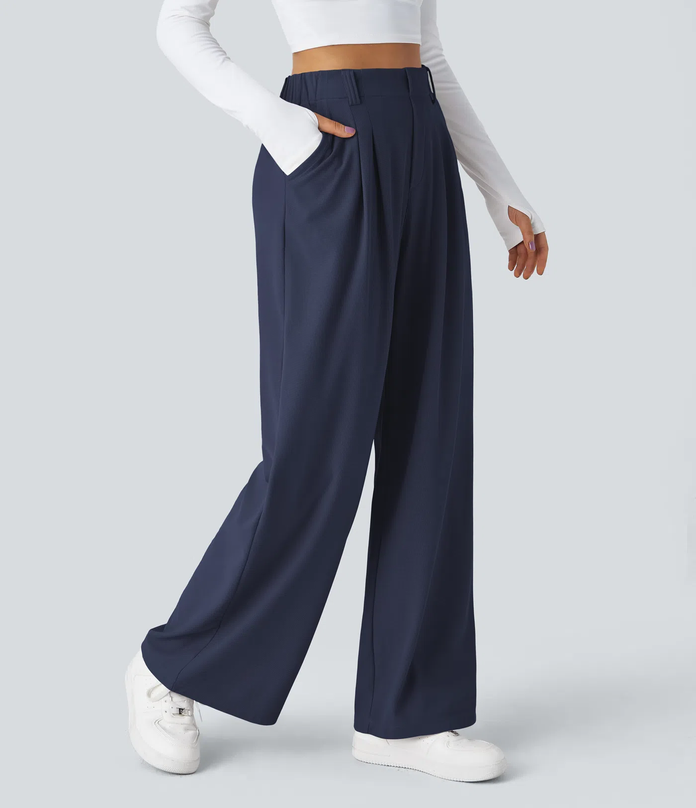 Rosie - High Waisted Side Pocket Wide Leg Waffle Work Pants