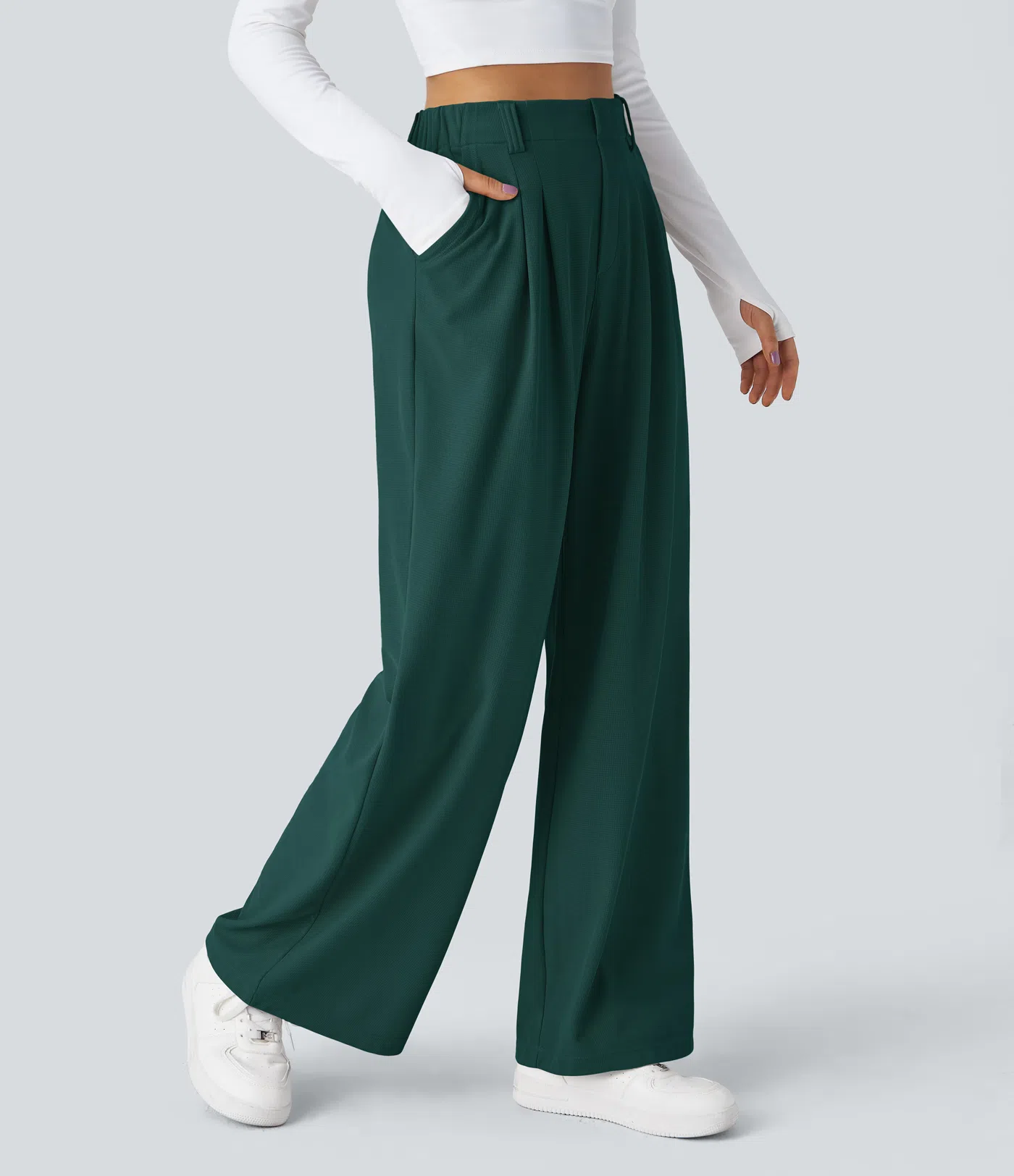 Rosie - High Waisted Side Pocket Wide Leg Waffle Work Pants