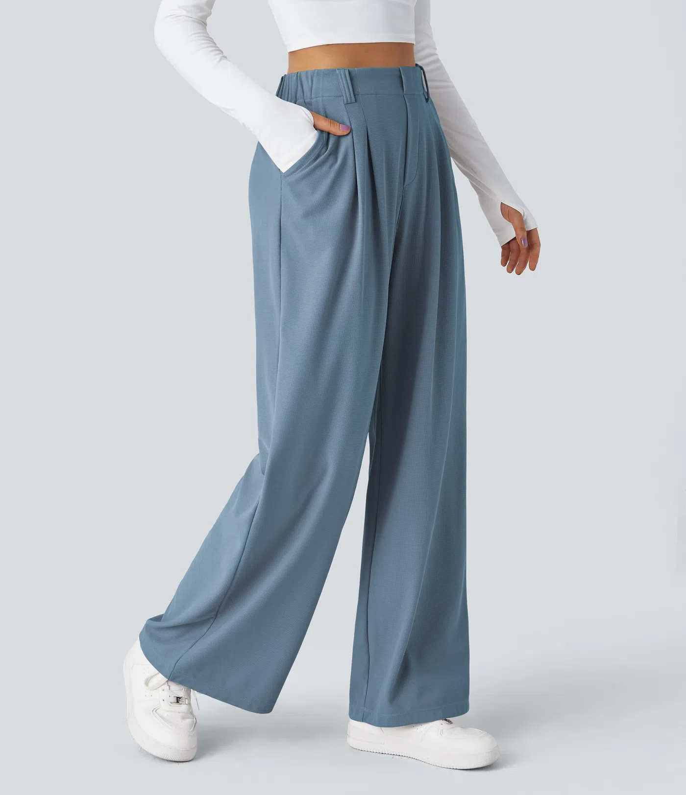 Rosie - High Waisted Side Pocket Wide Leg Waffle Work Pants
