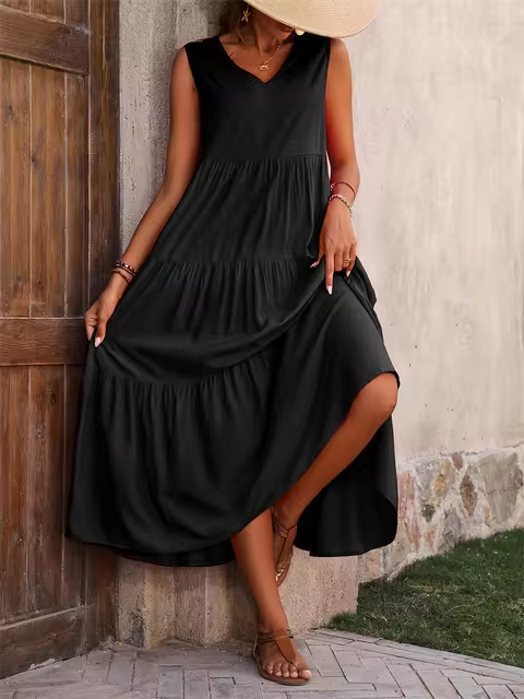 Ramona - Loose Casual Sleeveless V Neck Ruffle Hem Dress for Spring & Summer