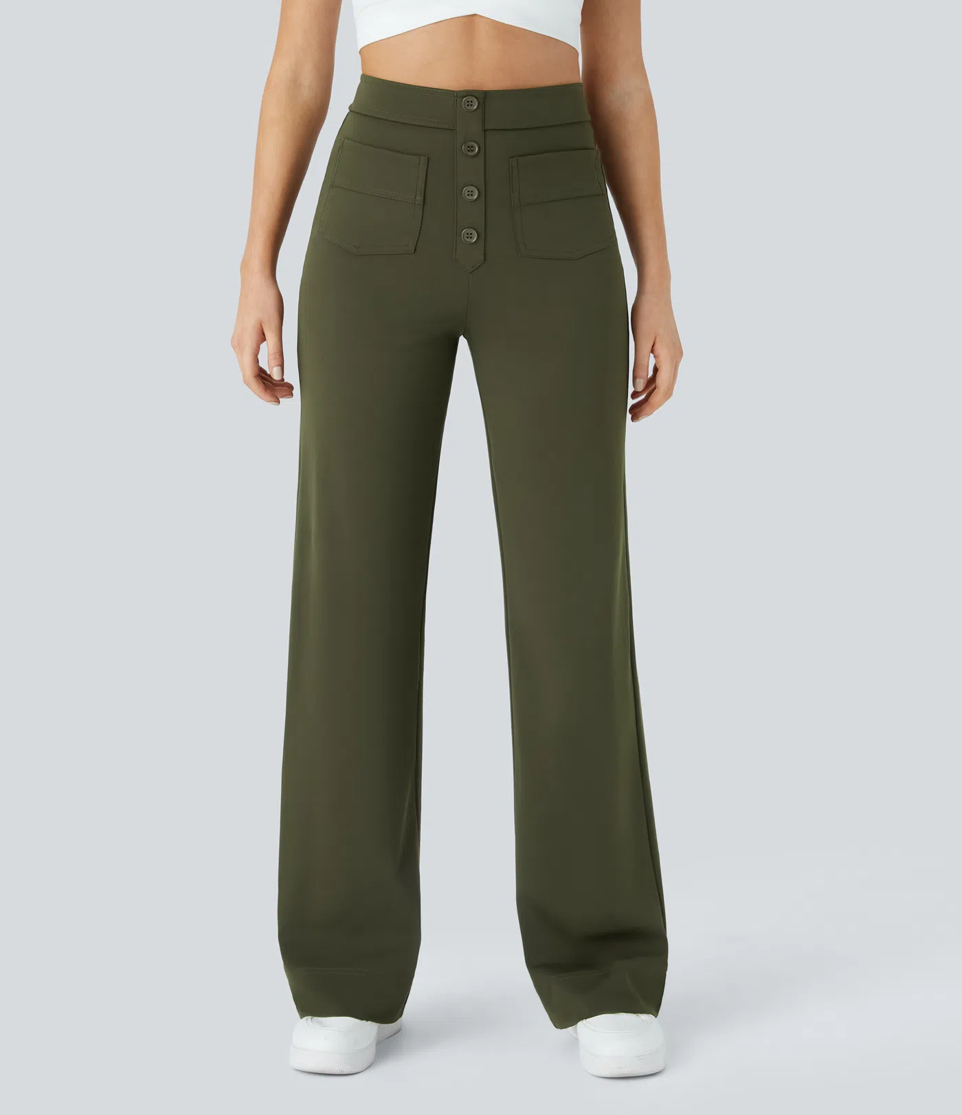 Eveline - High Waisted Button Straight Leg Casual Pants