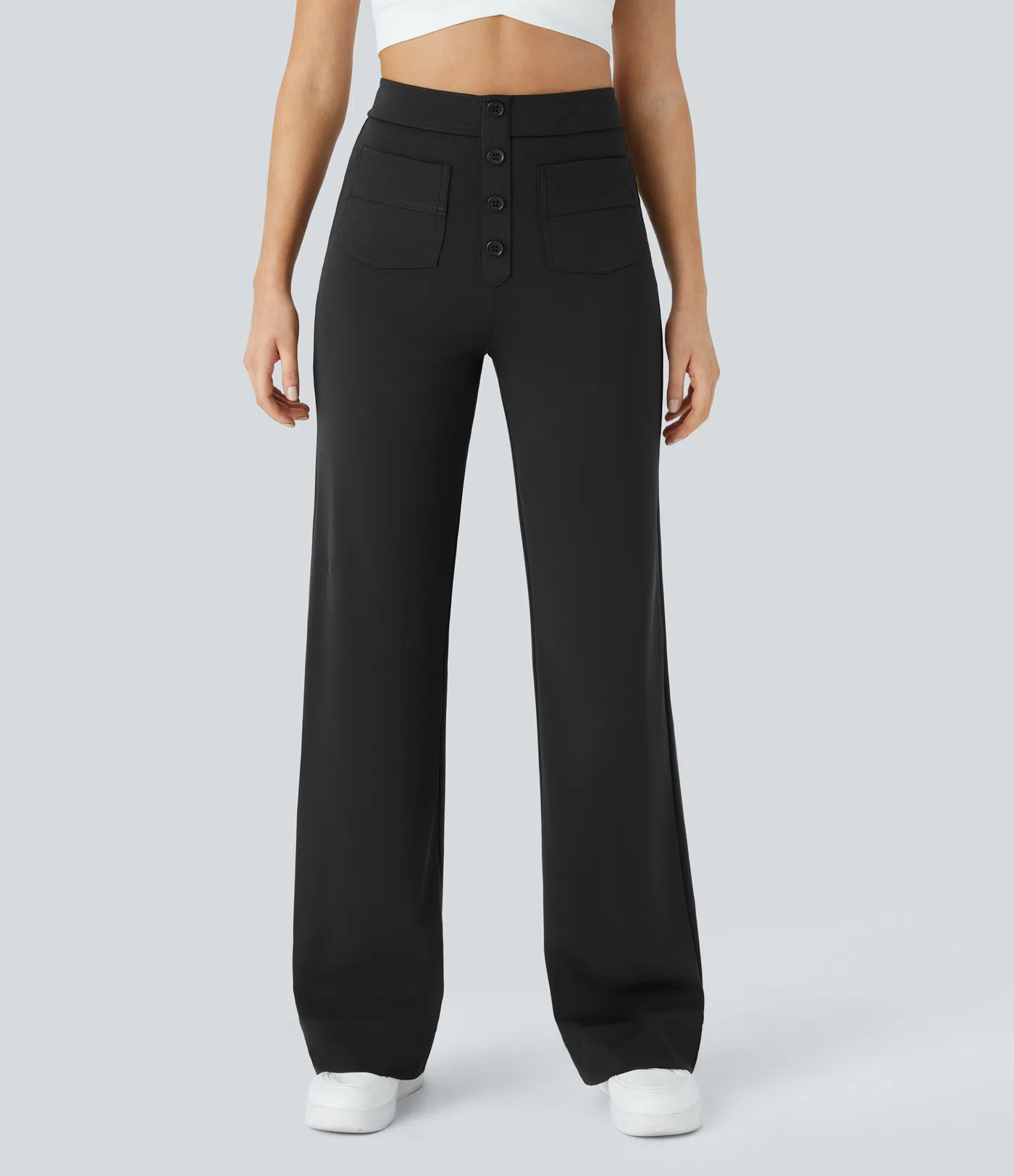 Eveline - High Waisted Button Straight Leg Casual Pants