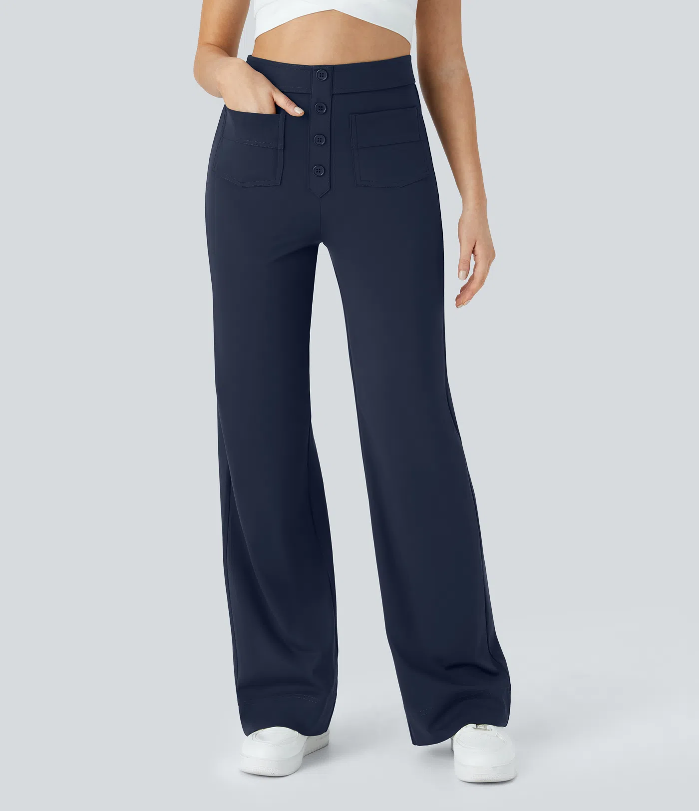Eveline - High Waisted Button Straight Leg Casual Pants
