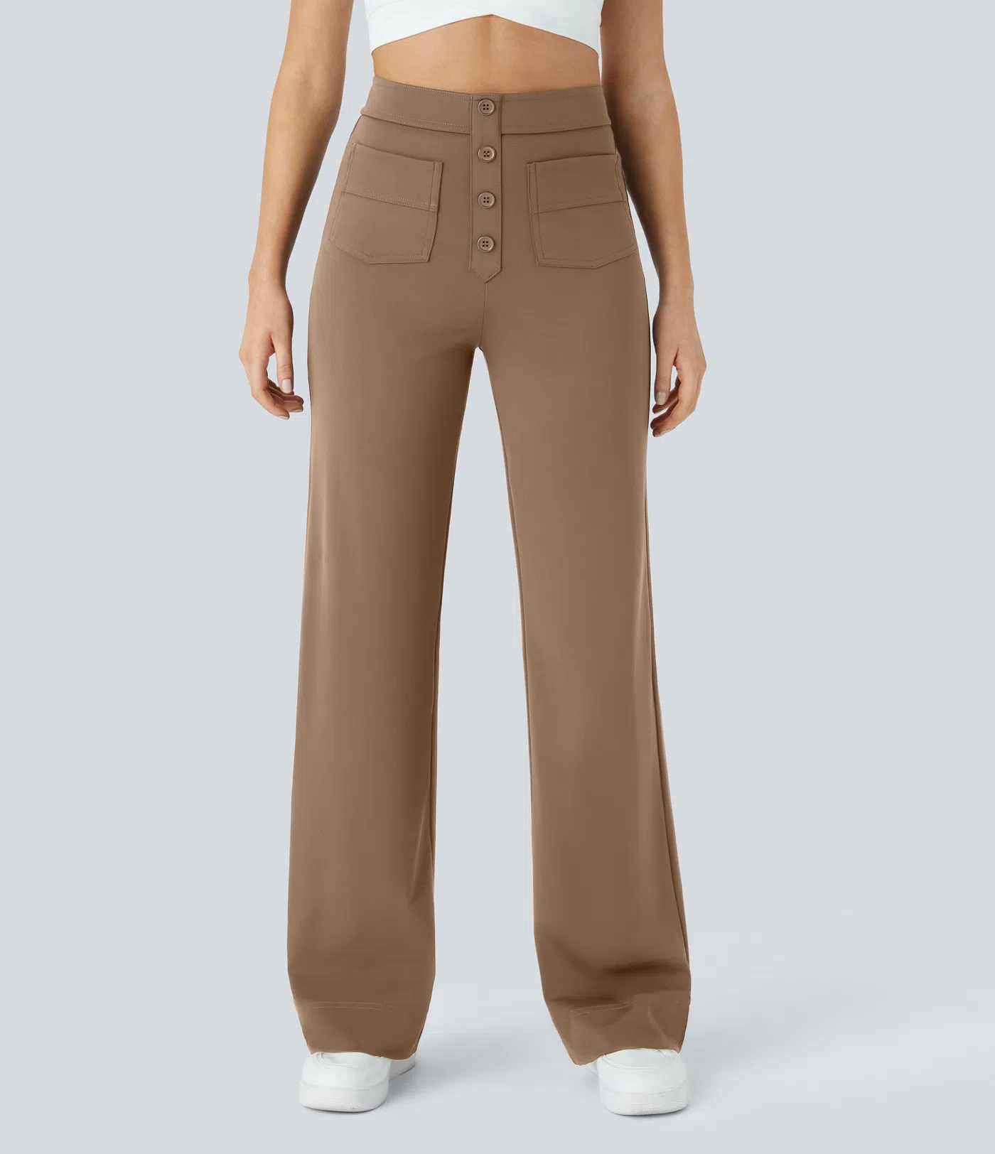 Eveline - High Waisted Button Straight Leg Casual Pants