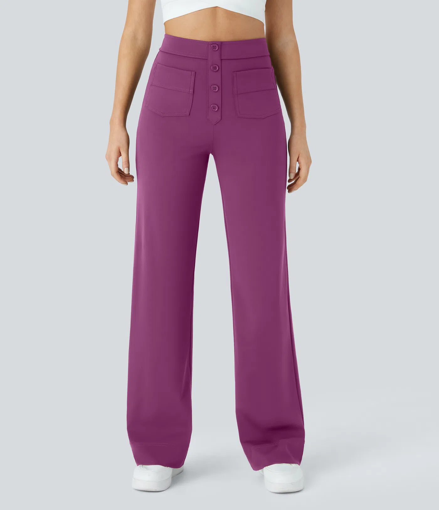 Eveline - High Waisted Button Straight Leg Casual Pants