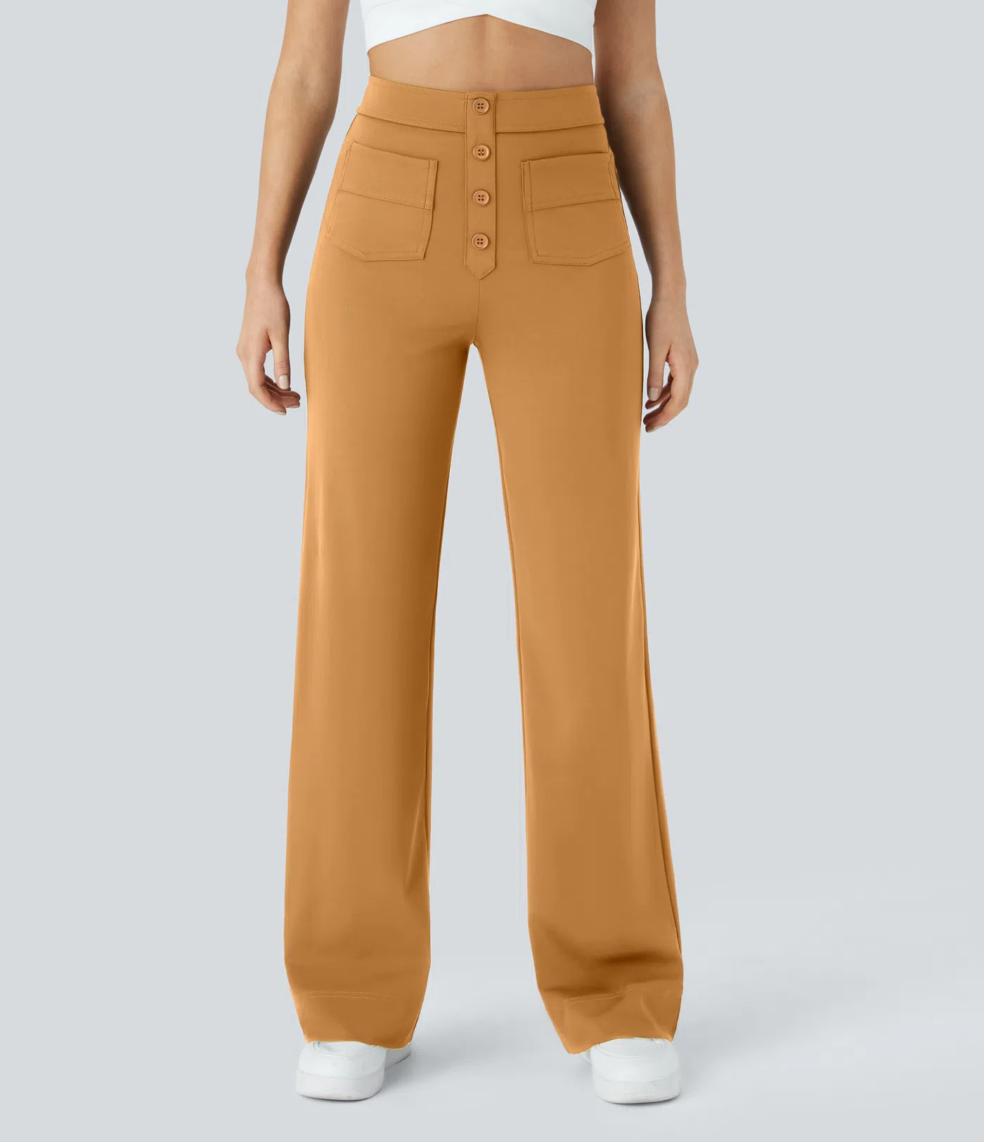 Eveline - High Waisted Button Straight Leg Casual Pants