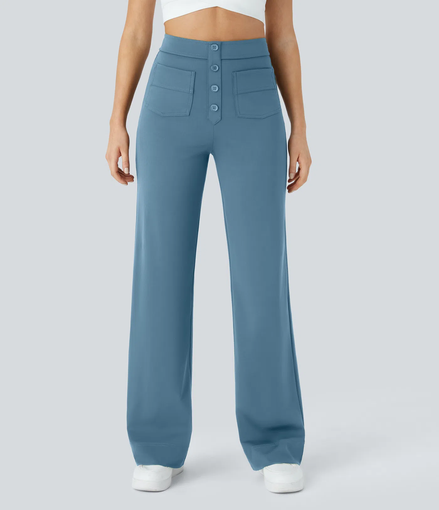 Eveline - High Waisted Button Straight Leg Casual Pants