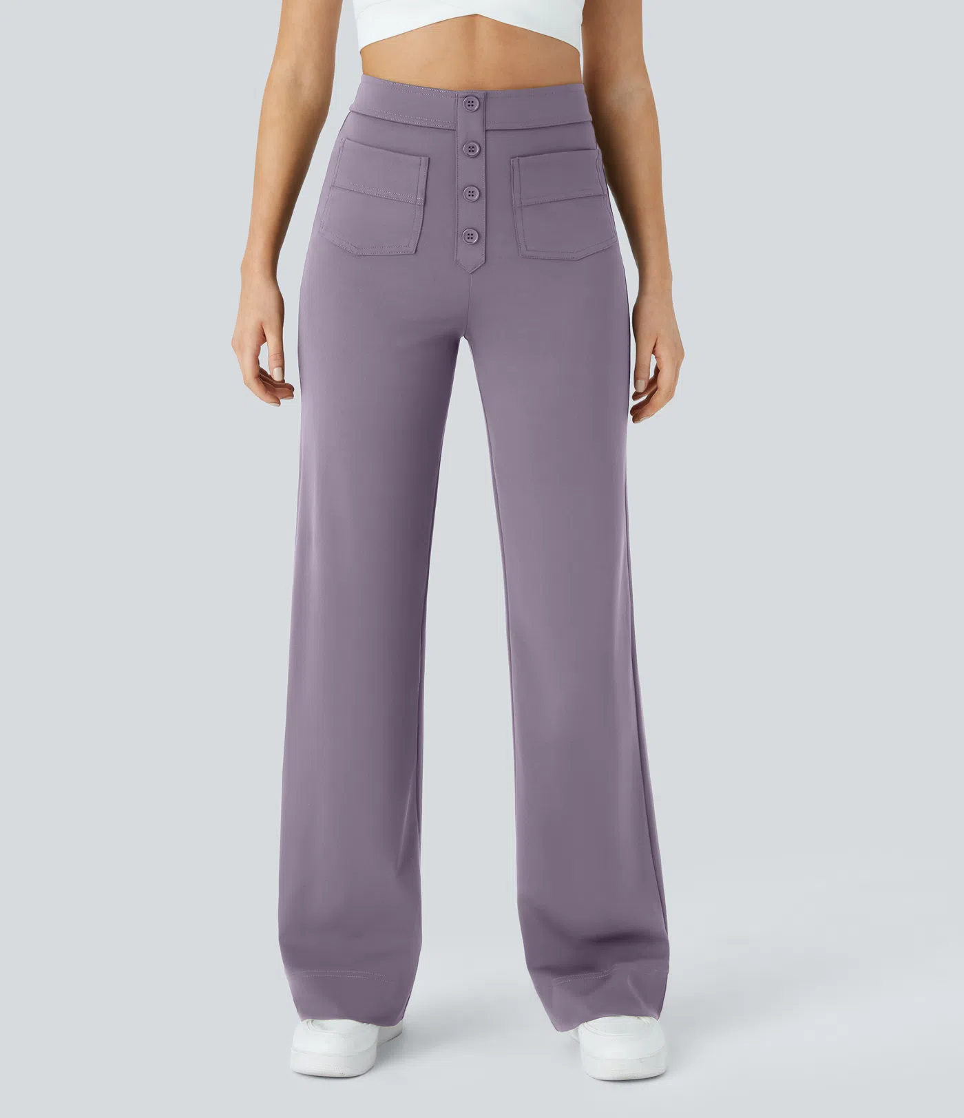 Eveline - High Waisted Button Straight Leg Casual Pants