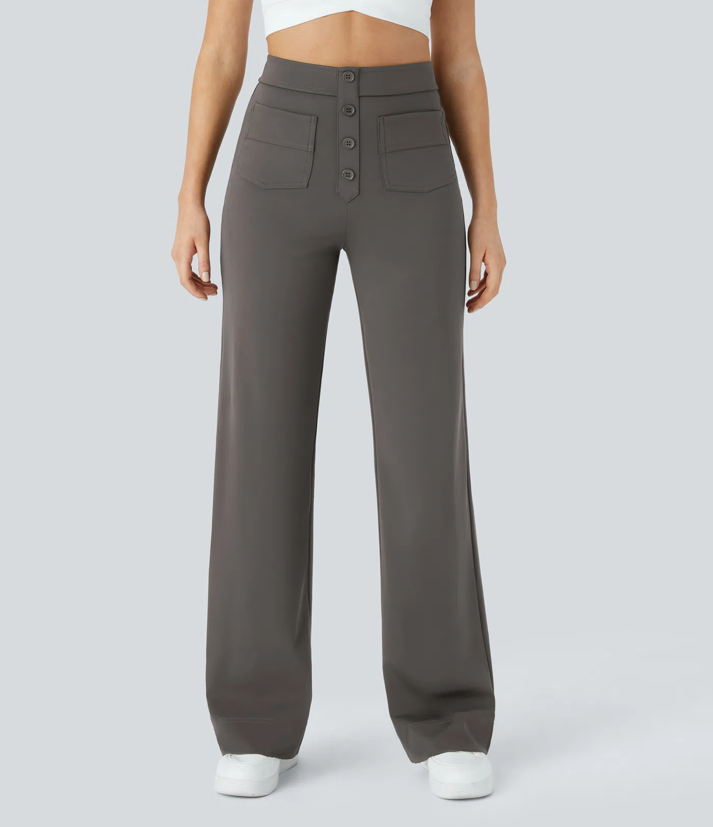 Eveline - High Waisted Button Straight Leg Casual Pants