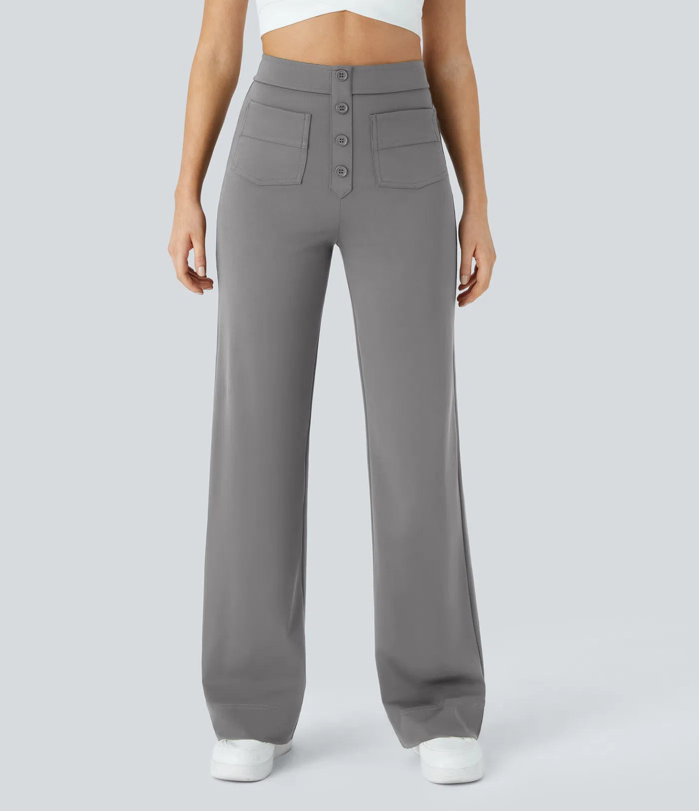 Eveline - High Waisted Button Straight Leg Casual Pants
