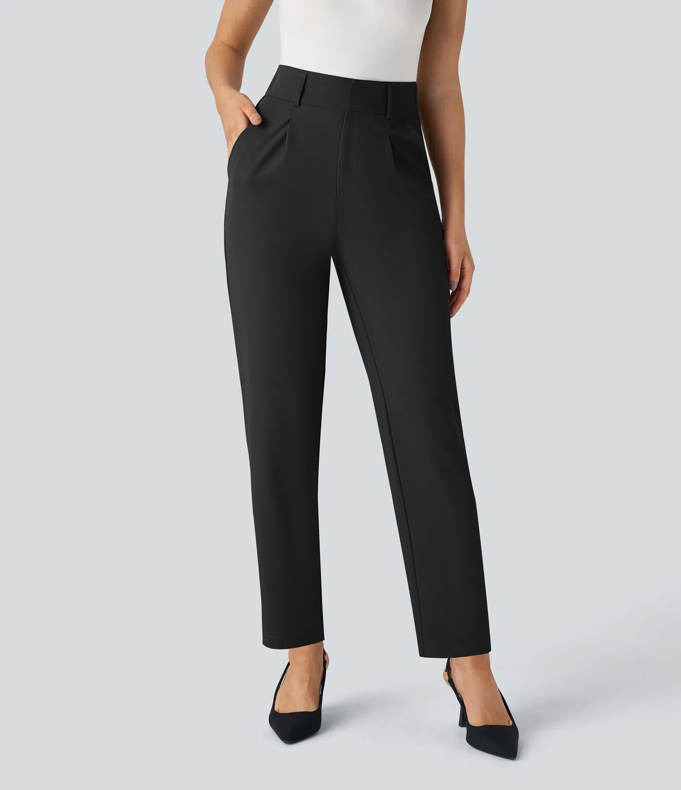 Shine - High Waisted Side Pocket Solid Work Tapered Pants