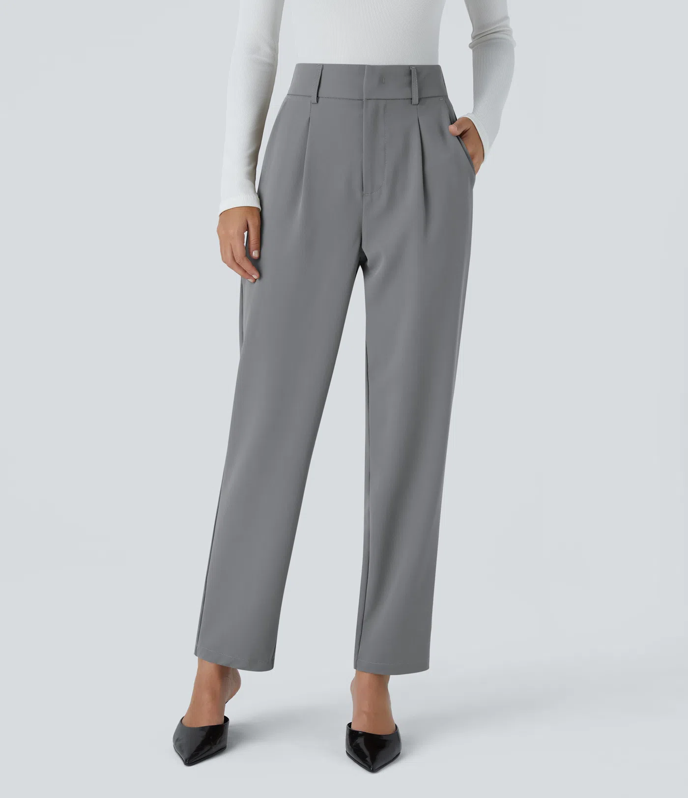 Shine - High Waisted Side Pocket Solid Work Tapered Pants